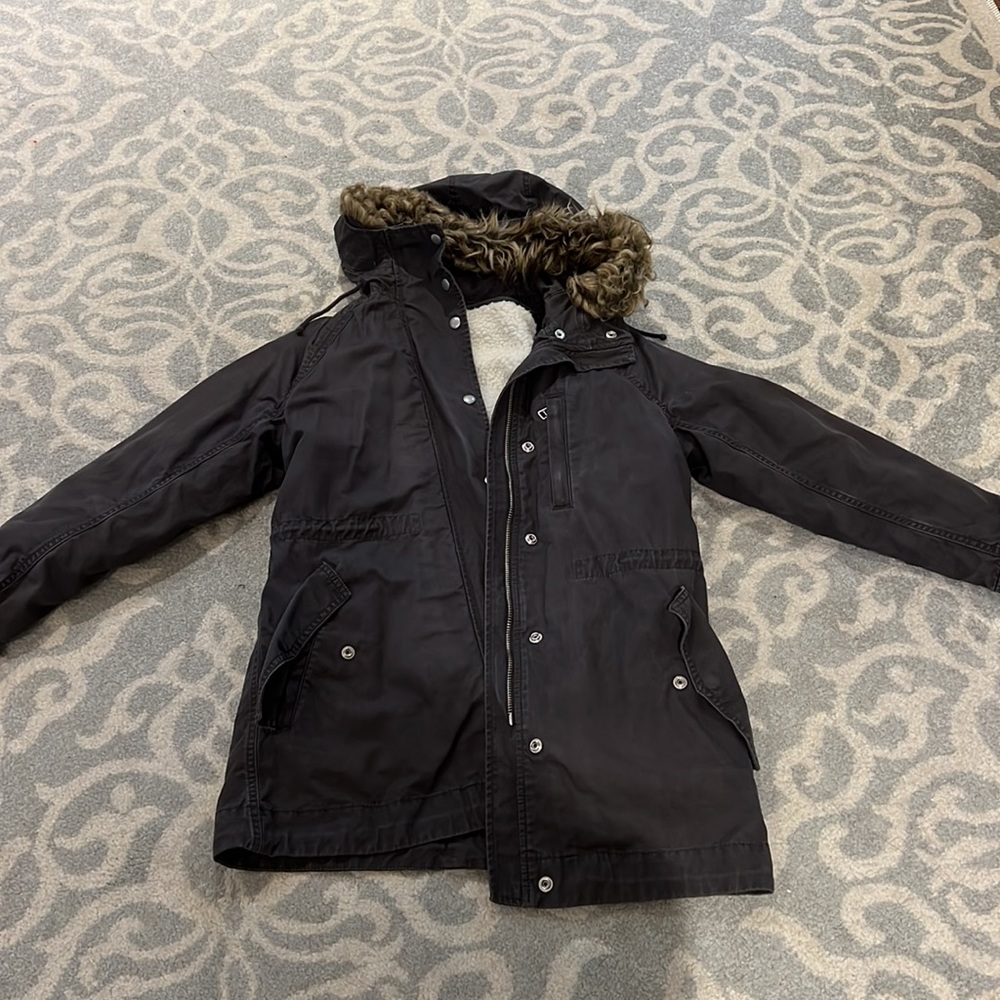 Gray small petite thick coat with zip in fleece lining